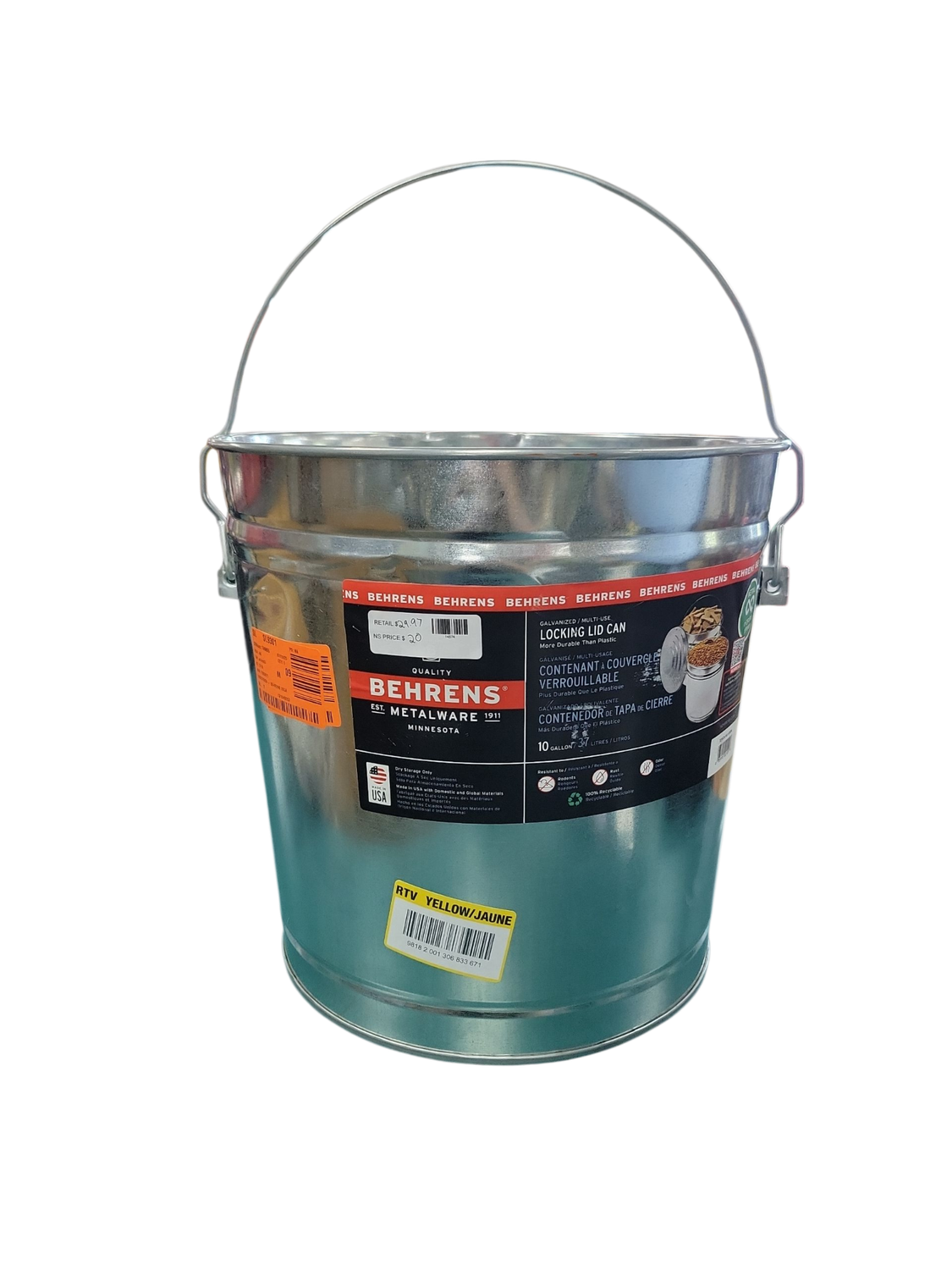 Behrens 10 Gal. Galvanized Steel Locking Lid Storage Can 6110K
