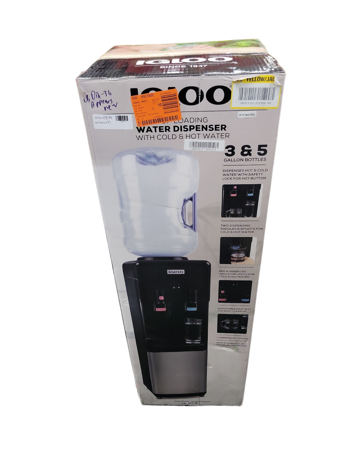 IGLOO 3 or 5 Gal. Water Cooler in Stainless Steel with Hot and Cold Water Temperatures IGLWCTL352CHBKS