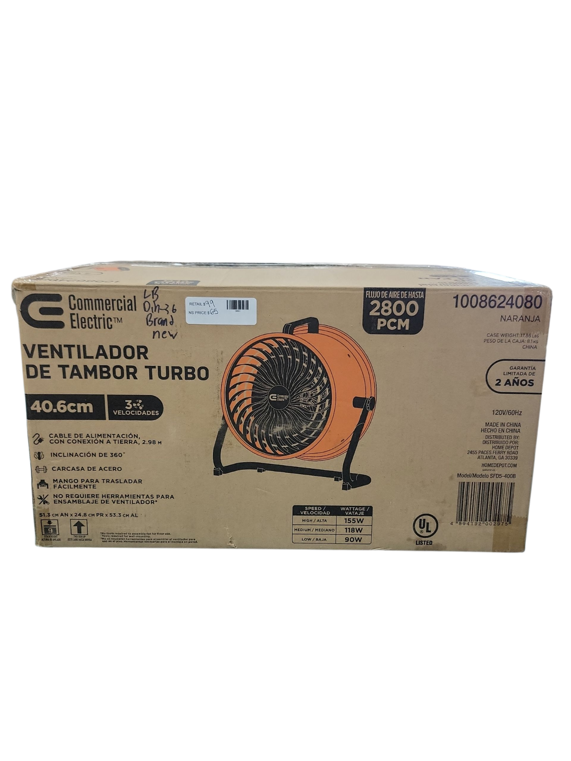 Commercial Electric 16 in. 3-Speed Drum Floor Fan in Orange High Velocity Turbo SFD5-400B