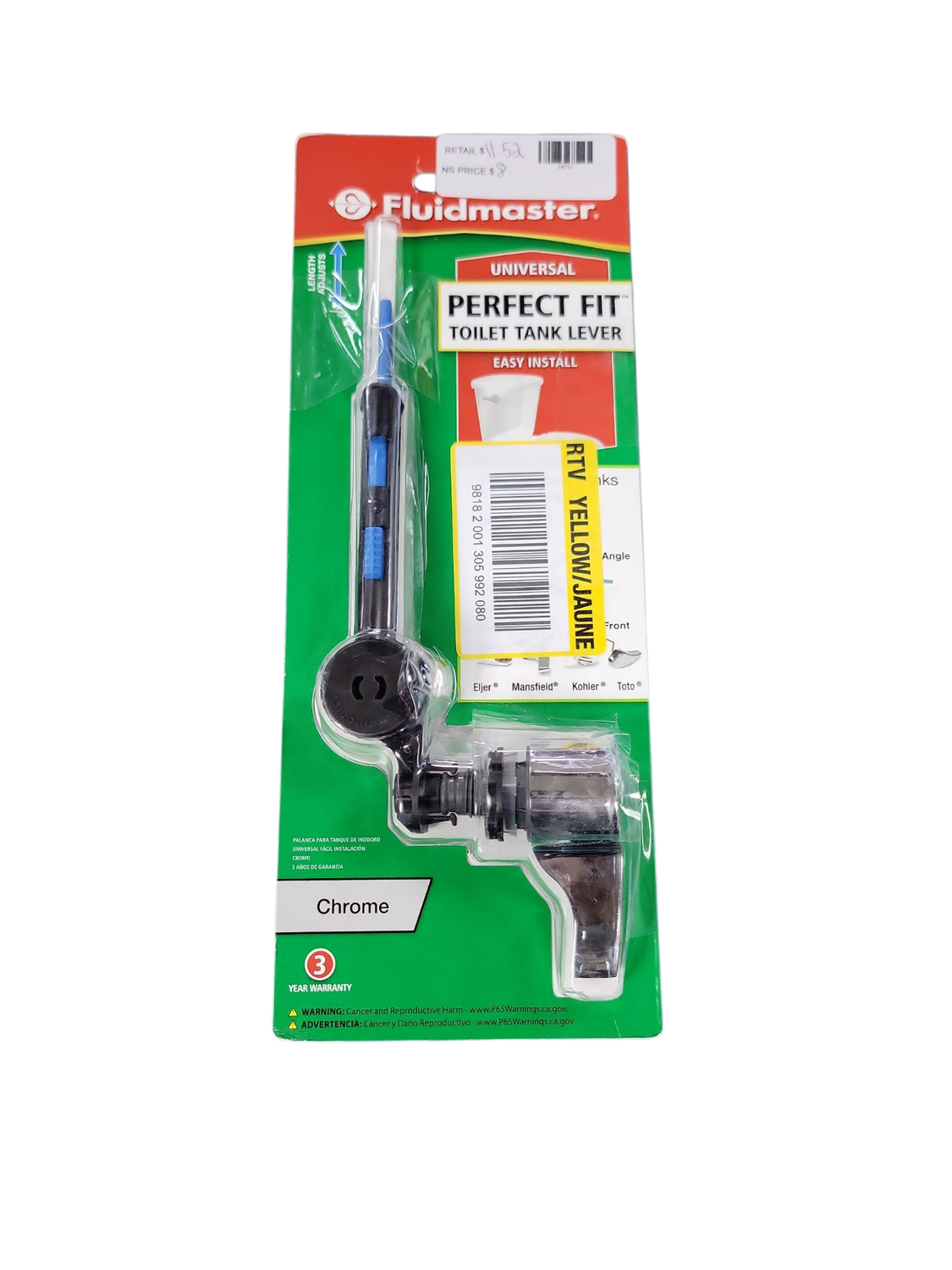 Fluidmaster Perfect Fit Universal Toilet Tank Lever in Chrome 641