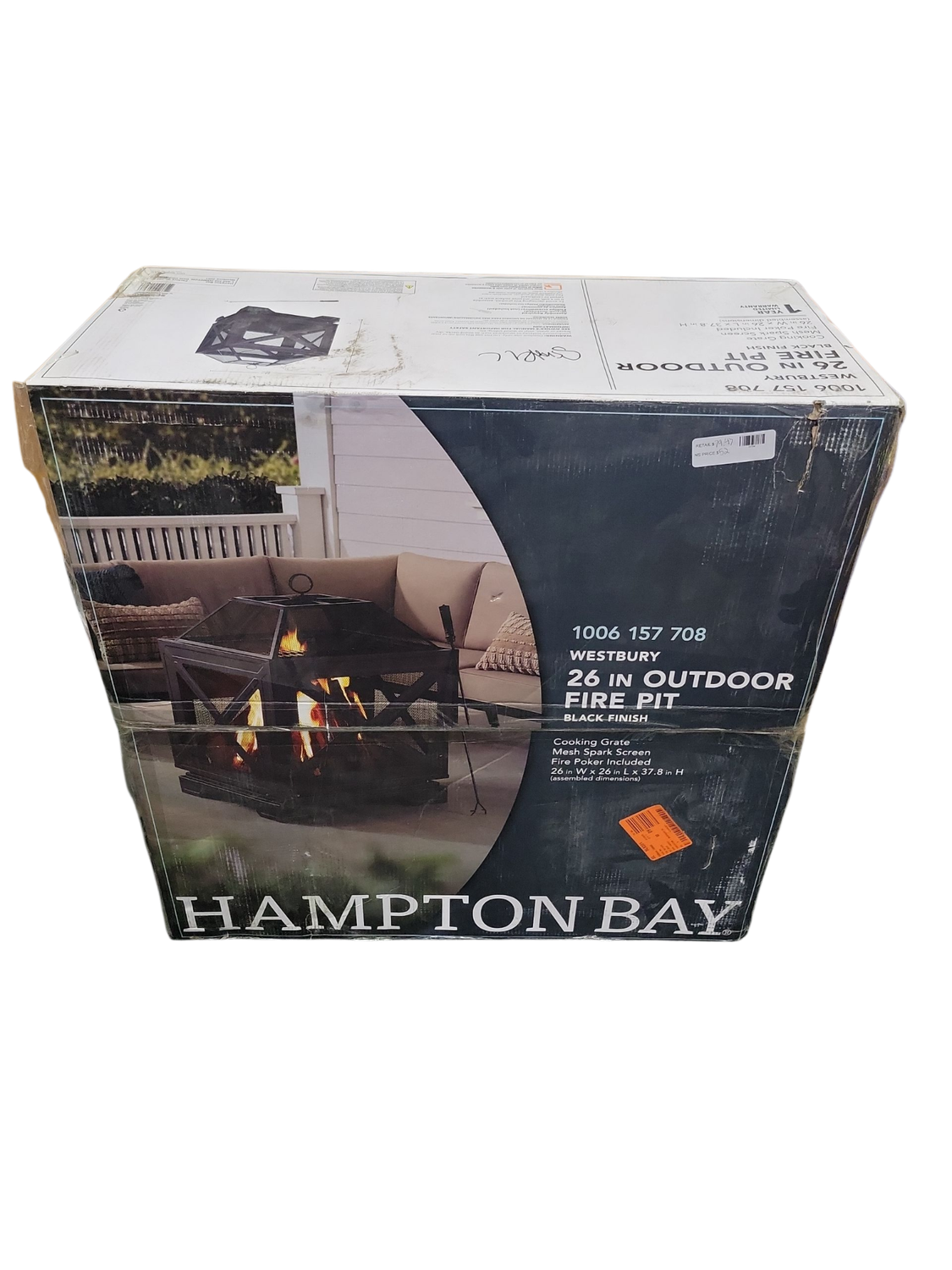 Hampton Bay Westbury 25.98 in.W Black Steel Wood Outdoor Fire Pit with Cover, Cooking Grate, and Poker Included OFW906S