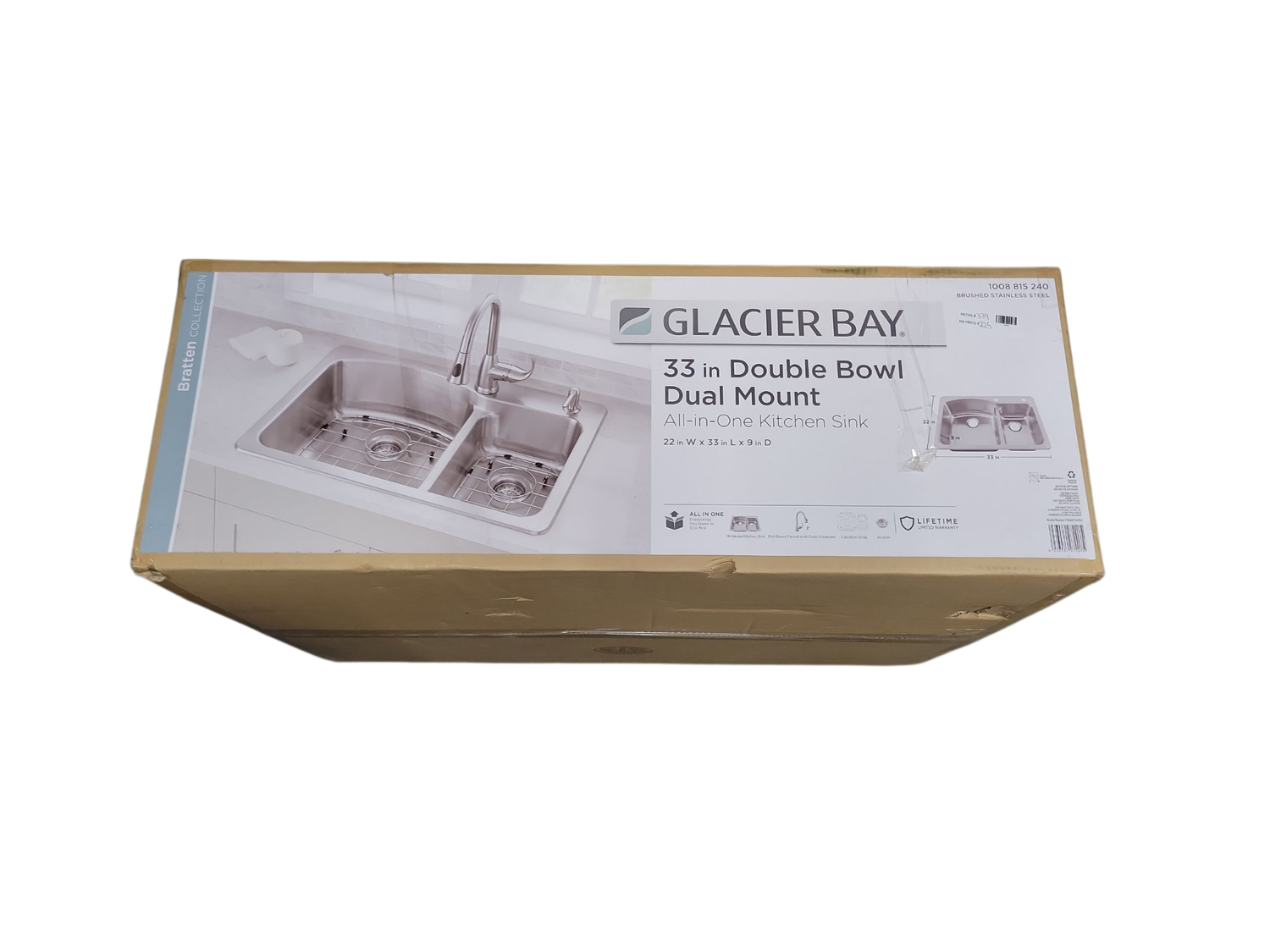 Glacier Bay Bratten 33 in. Drop-In 60/40 Double Bowl 18 Gauge Stainless Steel Kitchen Sink with Pull-Down Faucet VT3322TA2PA1
