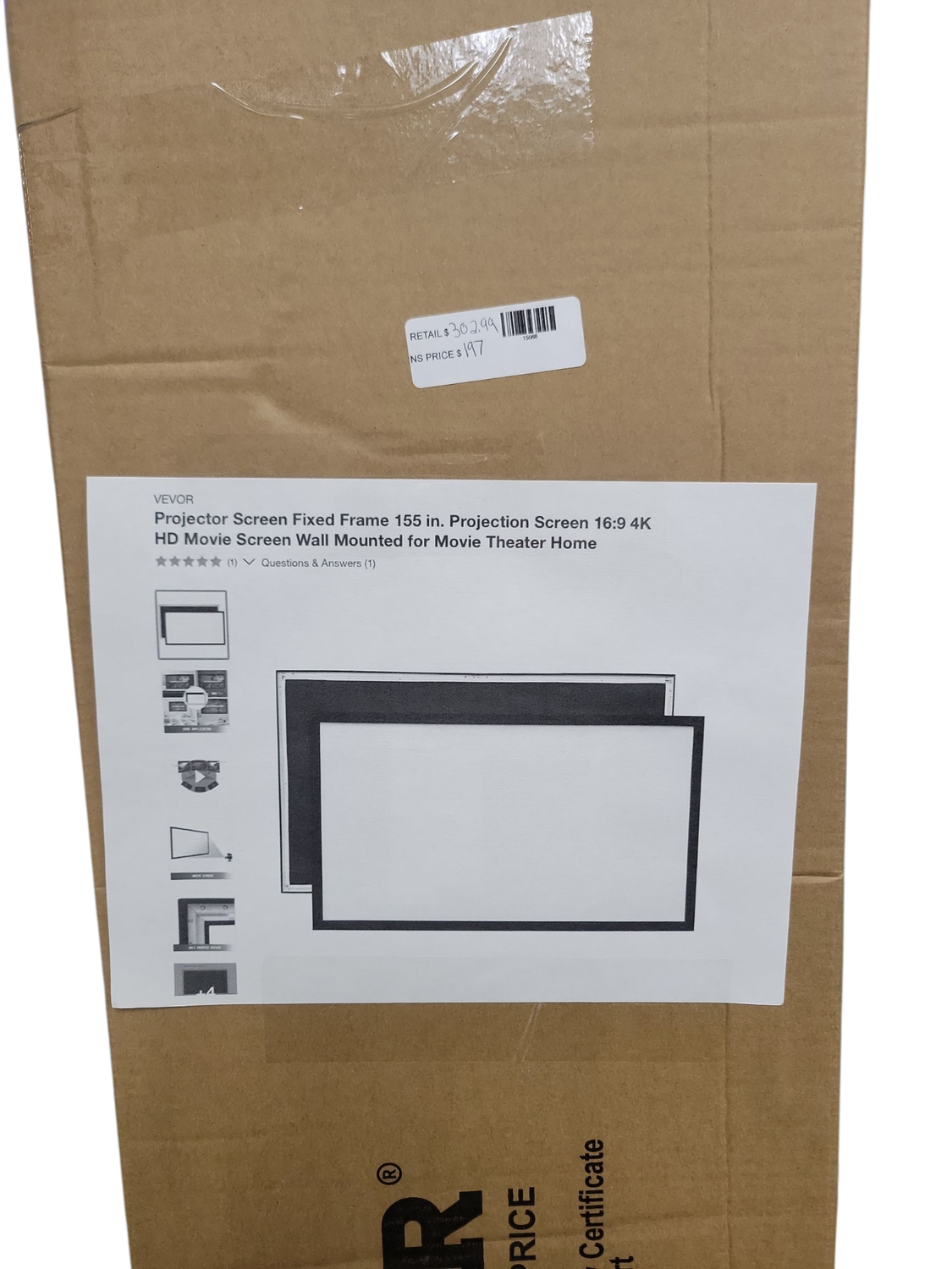 VEVOR Projector Screen Fixed Frame 155 in. Projection Screen 16:9 4K HD Movie Screen Wall Mounted for Movie Theater Home TYPM155YC16-9LHJKV0