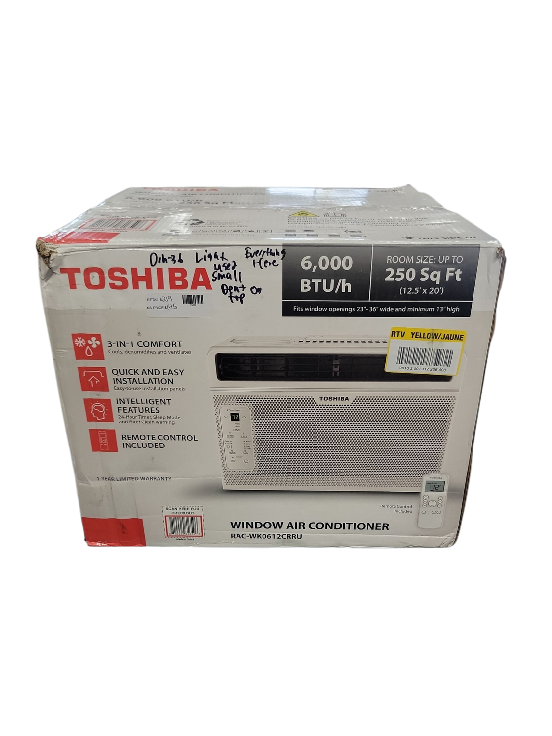 Toshiba 6,000 BTU 115 Volt Window Air Conditioner Cools 250 sq. ft. with Remote in White RAC-WK0612CRRU
