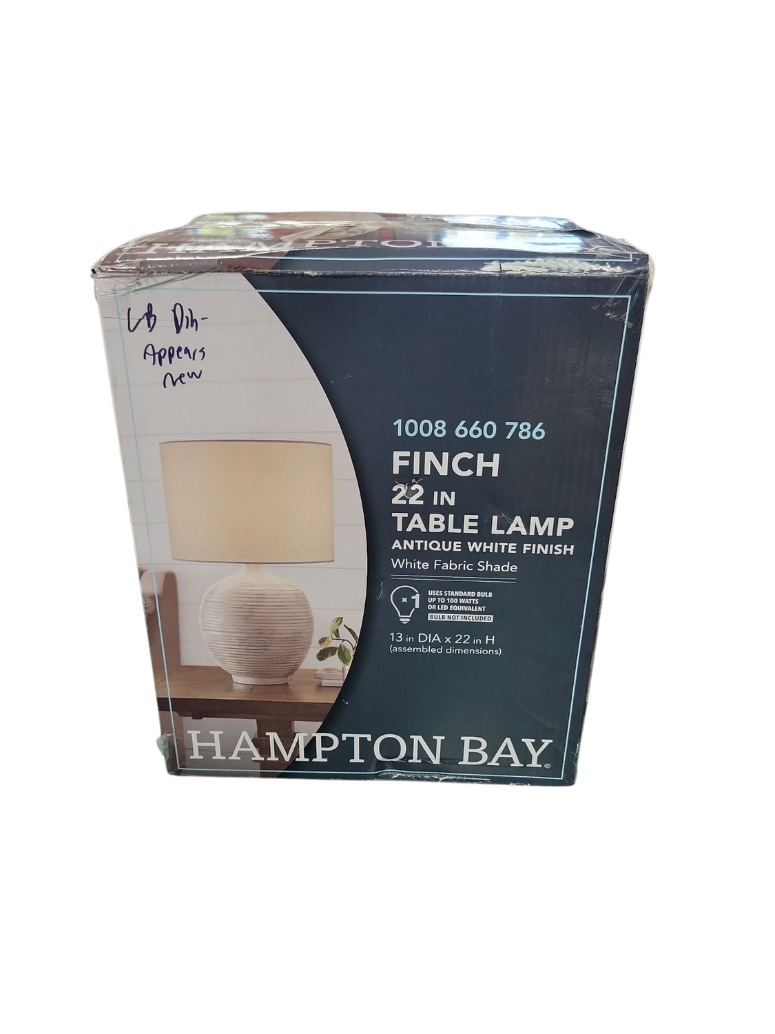 Hampton Bay Finch 22 in. Distressed White Ribbed Table Lamp with White Linen Shade 24127-001