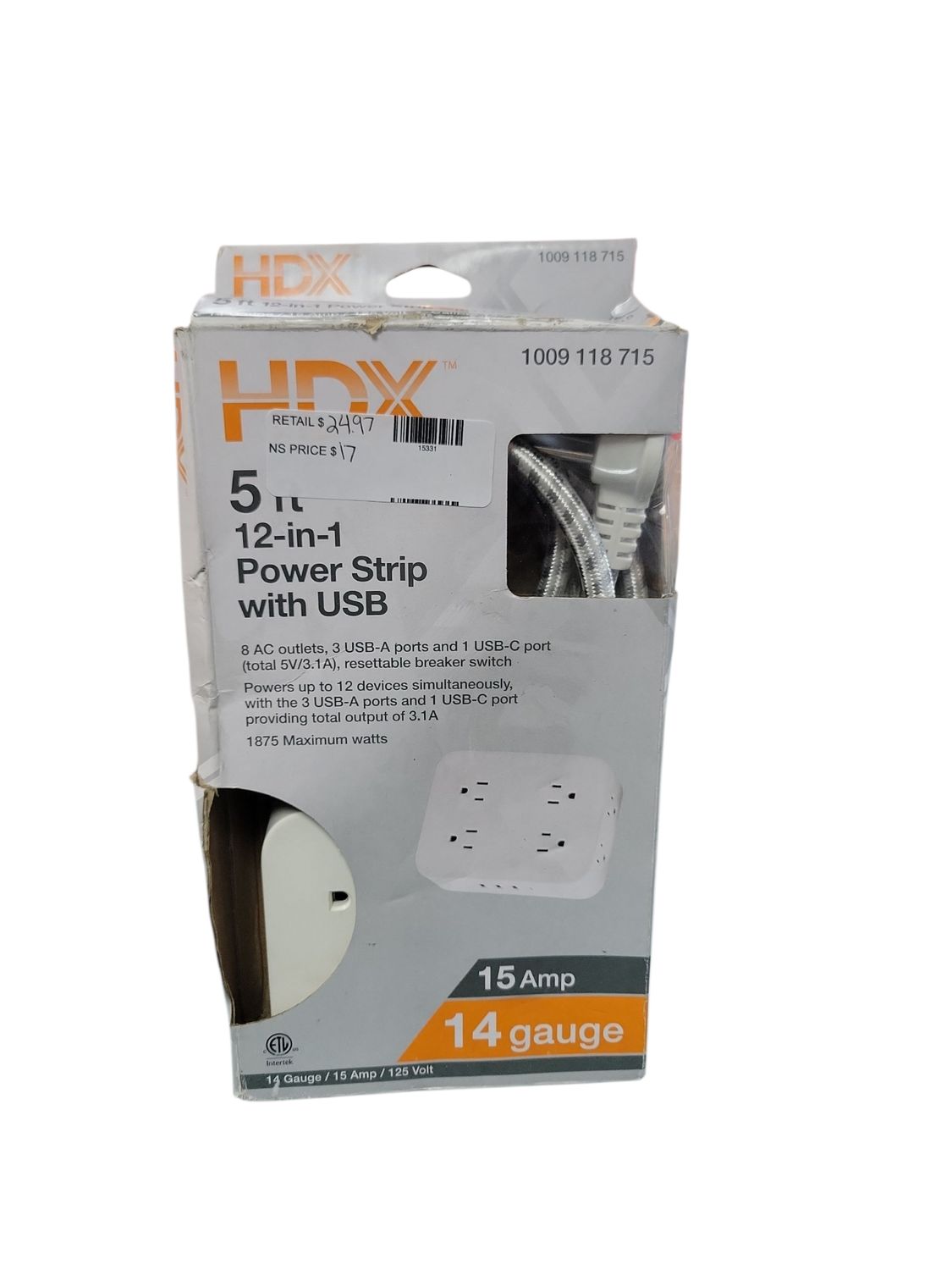 HDX 12-in-1 5ft. Indoor Extension Cord with 8-Outlet Power Strip 3 USB-A and 1 USB-C Ports YLPT-153