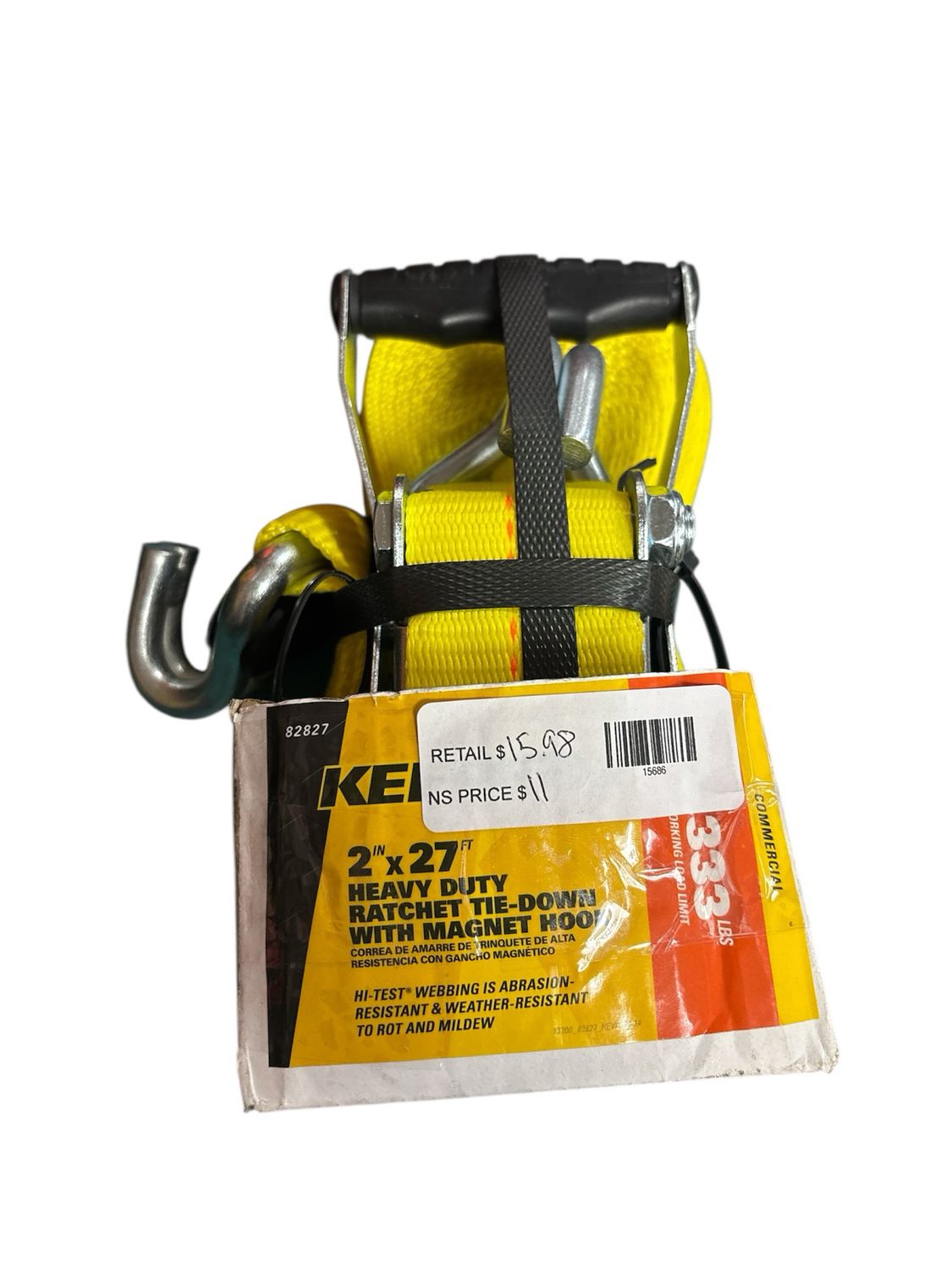 Keeper Heavy Duty Ratchet Tie-Down Strap 27 ft. x 2 in. 3,333 lbs. with Magnetic Double J Hook 82827