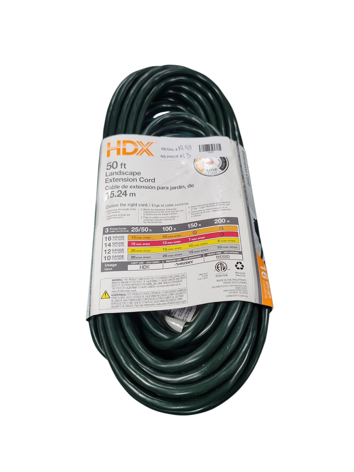HDX 50 ft. 16/3 Light Duty Indoor/Outdoor Landscape Extension Cord, Green HD#809-543