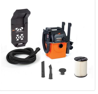 RIDGID 5 Gal. 5.0 Peak HP Portable Wall Mount Shop Vacuum Wet Dry Vac with Filter, Two Locking Hoses and Attachments WD5500
