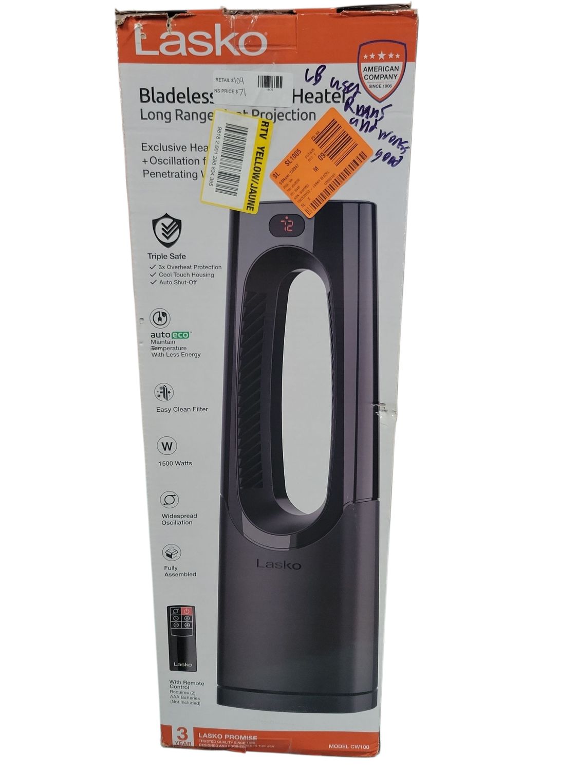 Lasko Bladeless 1500W 28 in. Black Electric Oscillating Tower Ceramic Space Heater with Remote Control and Digital Display CW100  .