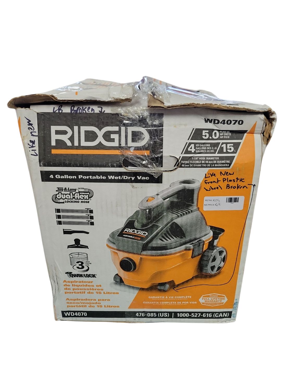 RIDGID 4 Gal. 5.0 Peak HP Portable Shop Vacuum Wet Dry Vac with Fine Dust Filter, Locking Hose and Attachments WD4070