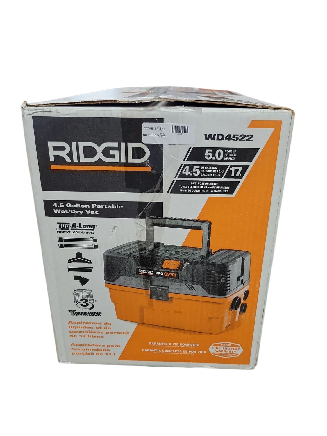 RIDGID 4.5 Gal. 5.0 Peak HP ProPack Shop Vacuum Wet Dry Vac with Fine Dust Filter, Expandable Hose and Accessories WD4522