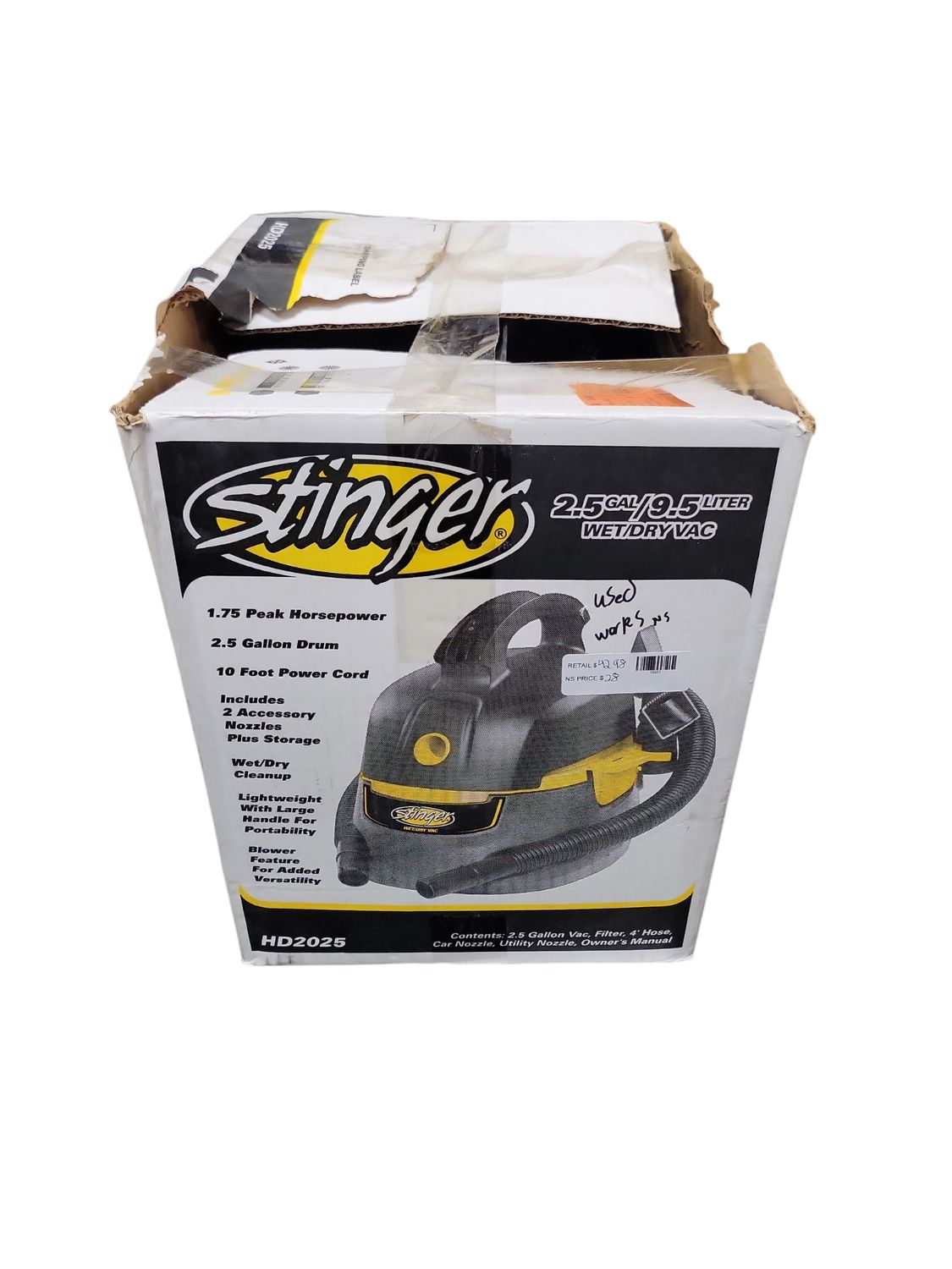 Stinger 2.5 Gal. 1.75 Peak HP Small Shop Vacuum Wet Dry Vac with Filter Bag, Hose, Utility and Car Nozzle Attachments HD2025 .