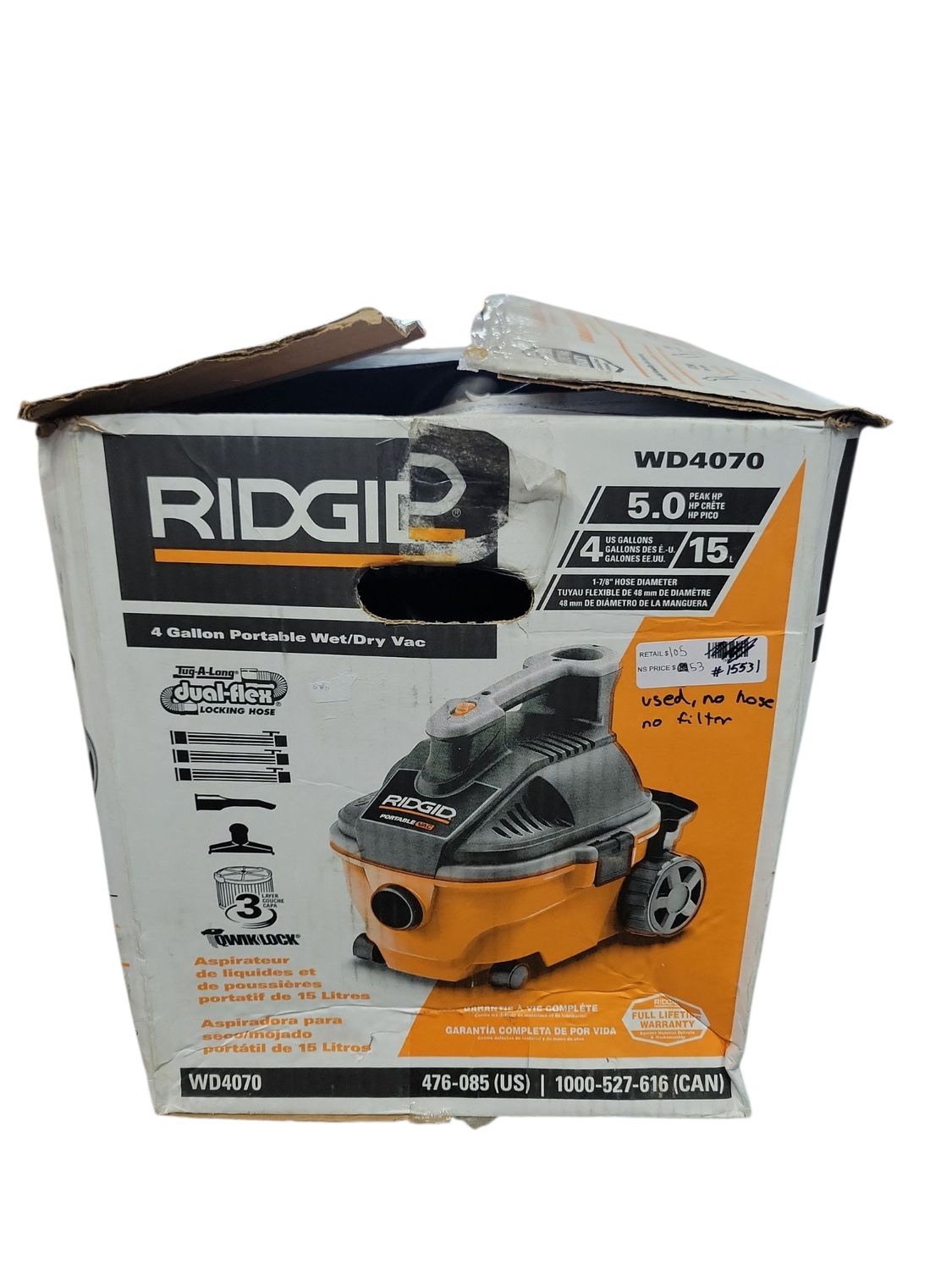 RIDGID 4 Gal. 5.0 Peak HP Portable Shop Vacuum Wet Dry Vac with Fine Dust Filter, Locking Hose and Attachments WD4070  .