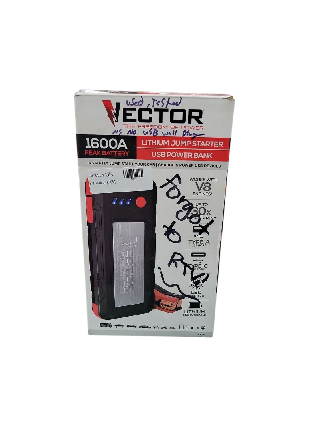 VECTOR 1600 Peak Amp Automotive Lithium Jump Starter, Portable Power - 15W USB-A &amp; USB-C SS16LV