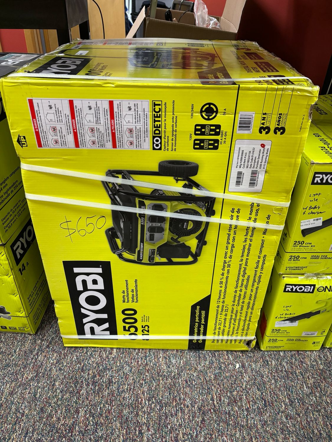 RYOBI 6500-Watt Gasoline Powered Portable Generator with CO Detect Shutdown Sensor RY906500VNM