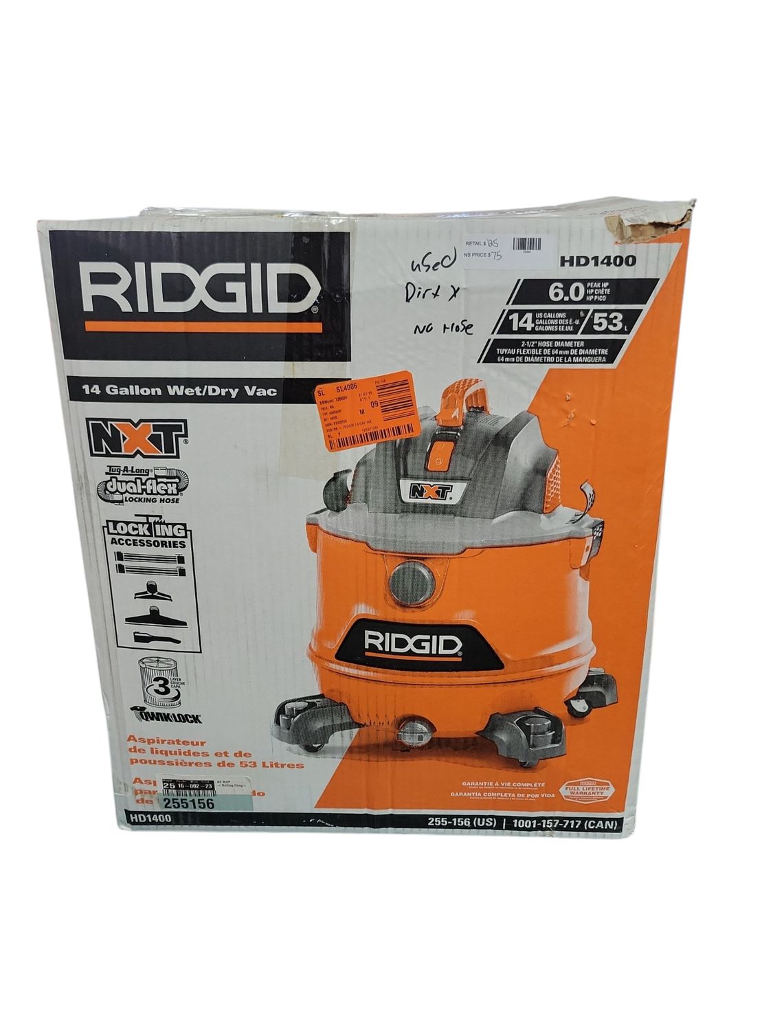 RIDGID 14 Gal. 6.0 Peak HP NXT Shop Vacuum Wet Dry Vac with Fine Dust Filter, Locking Hose, Wands and Attachments HD1400 .