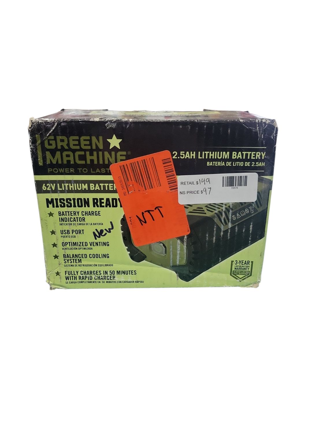 Green Machine 62V 2.5 Ah High Capacity Fade-Free Lithium Power Battery with LED Fuel Gauge with USB Port GMBA6200-25