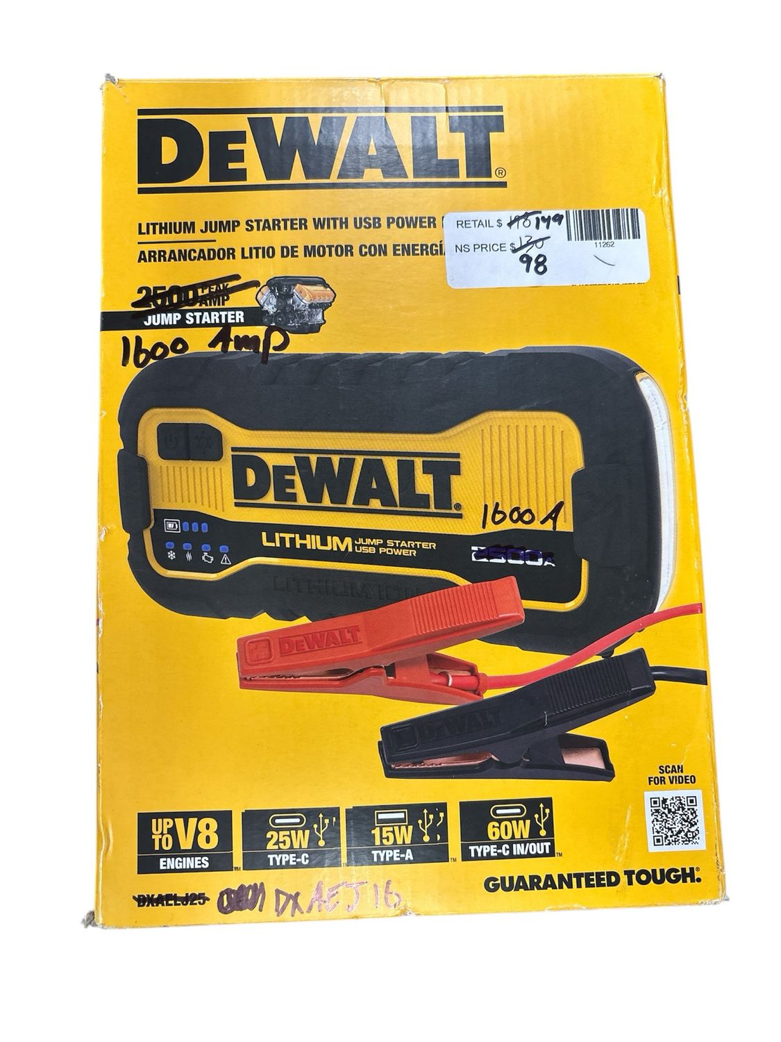 DEWALT 1600 Peak Amp Lithium Jump Starter with USB Power Bank DXAEJ16