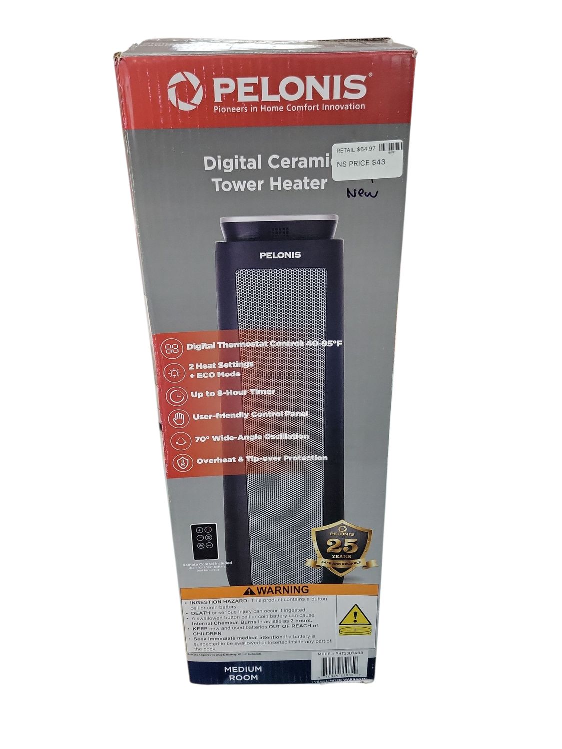 Pelonis 1500-Watt 23 in. Digital Tower Indoor Ceramic Heater Quiet Operation w/ Safety Overheat Protection and Fan Mode in Black PHT23D7ABB ..