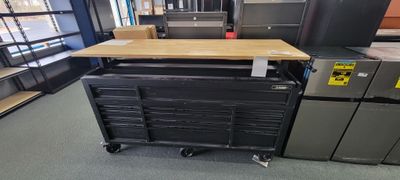 Husky 72 in. W x 24 in. D Heavy Duty 18-Drawer Toolbox Mobile Workbench Cabinet with Adjustable-Height Hardwood Top in Matte Black HOLC7218BB1MYS .