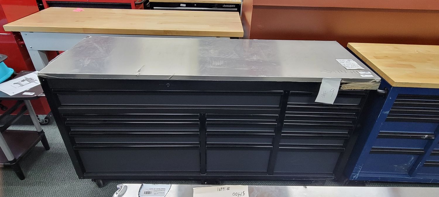Husky 72 in. W x 24 in. D Heavy Duty 15-Drawer Toolbox Mobile Workbench Cabinet Chest with Stainless Steel Top in Matte Black H72MWC15DL .