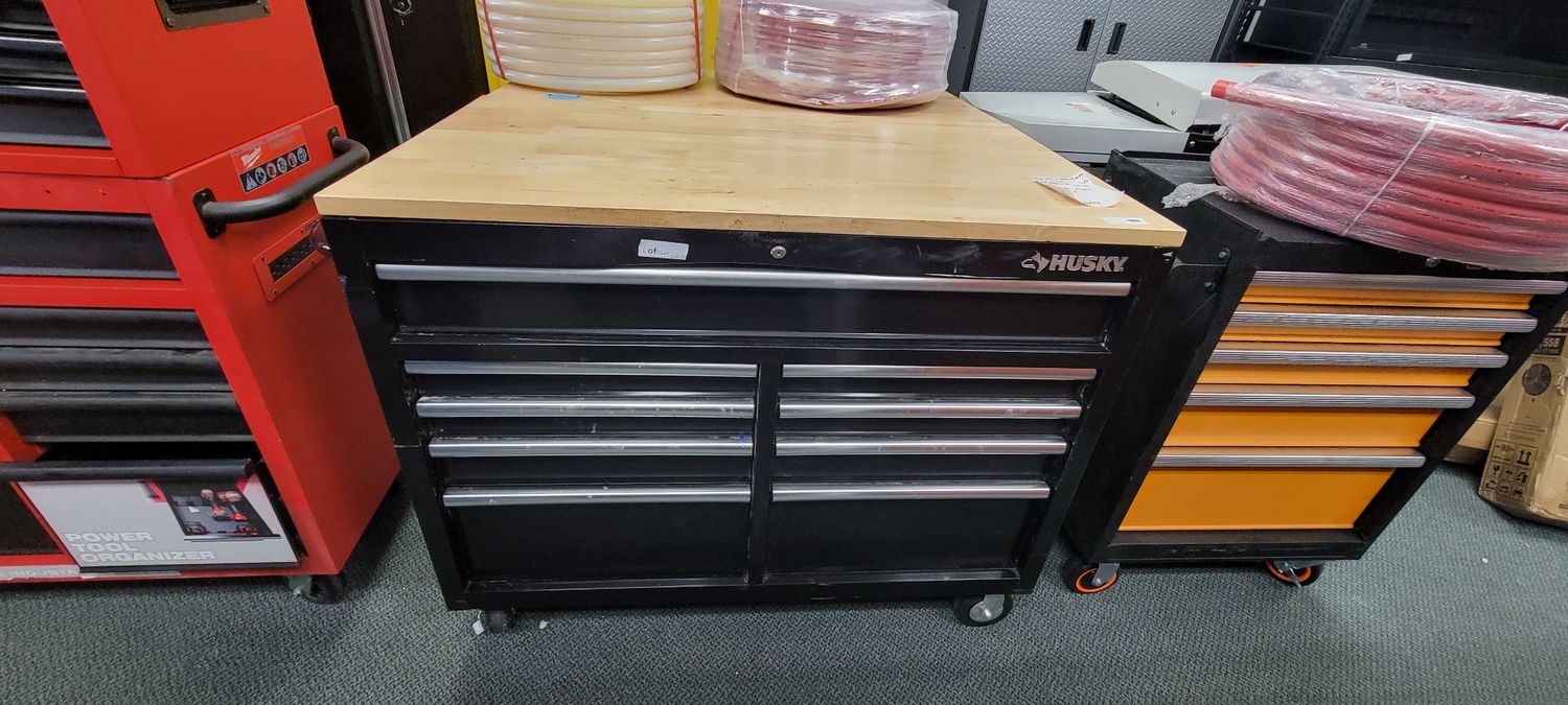 Husky Tool Storage 46 in. W x 51 in. D Standard Duty Black Toolbox Mobile Workbench Cabinet with Solid Top Full Length Extension Table HOTC4609B15M