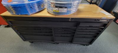 Husky Heavy-Duty 72 in. W x 24 in. D 15-Drawer Matte Black Mobile Workbench Cabinet with Solid Wood Top H72MWC15BLK