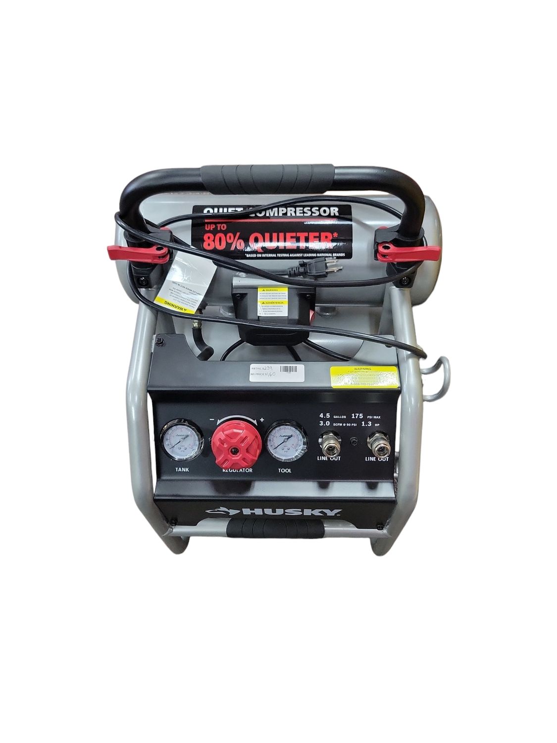 Husky 4.5 Gal. 175 PSI Portable Electric Oil-Free Quiet Twin Stack Jobsite Air Compressor w/Rubber Wheels and 2-Quick Couplers 3320445