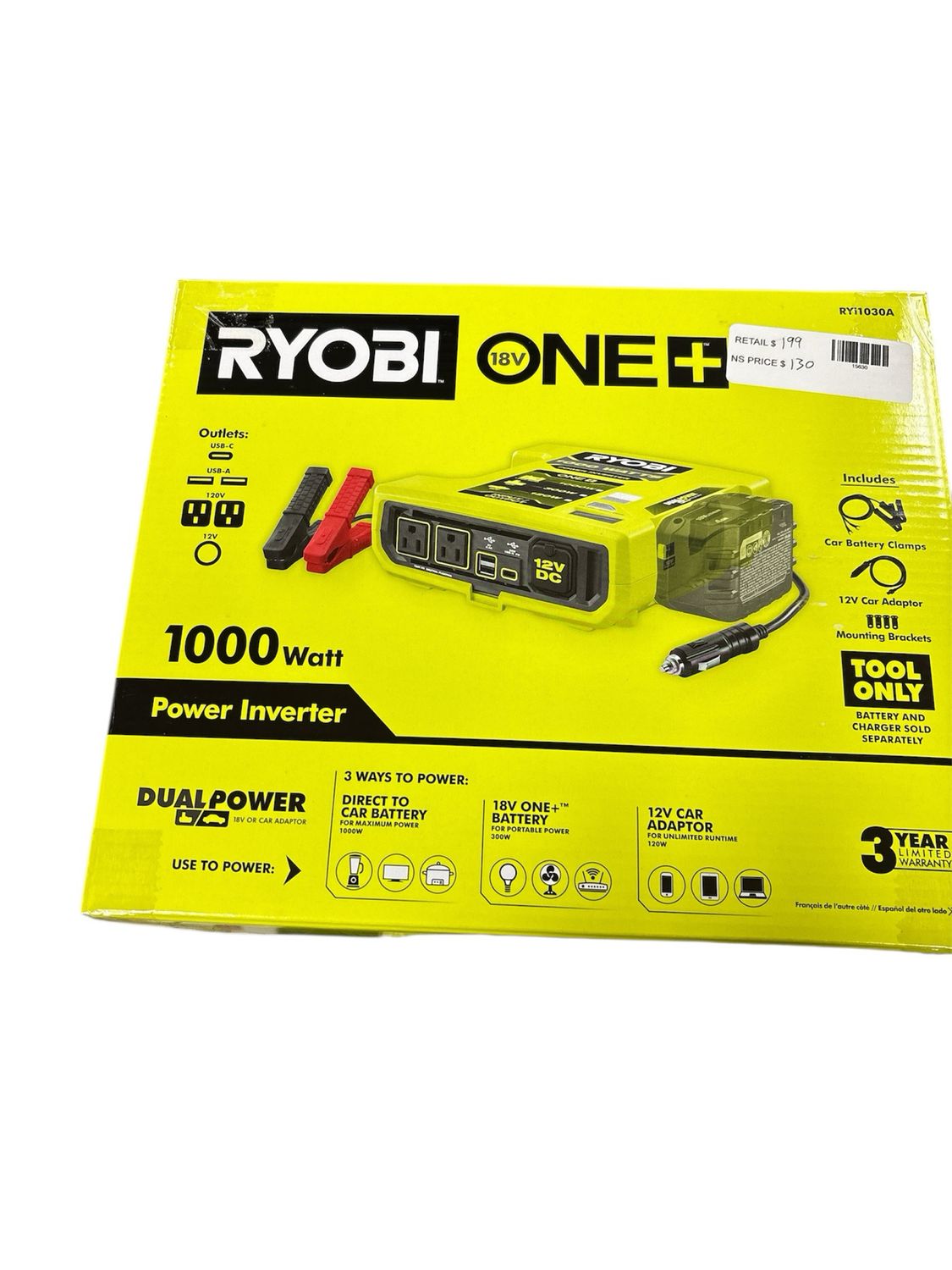 RYOBI ONE+ 18V 1000-Watt Max 12-Volt Automotive Power Inverter RYi1030A