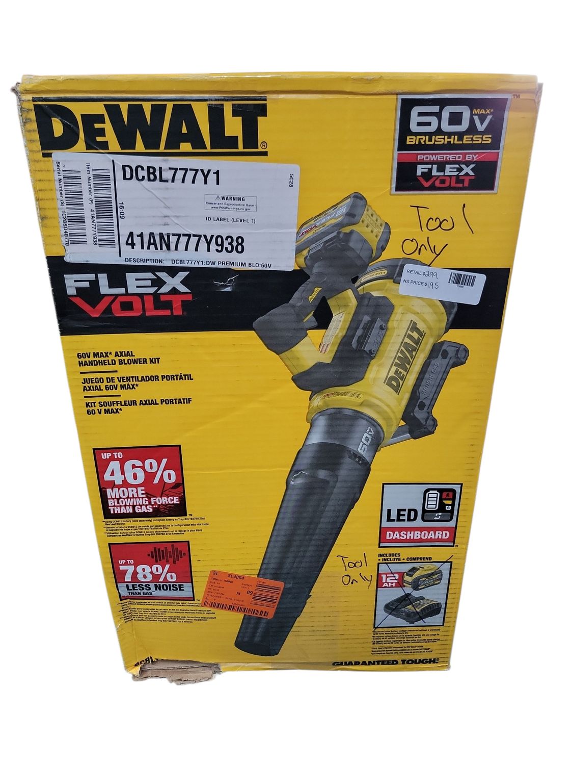DEWALT FLEXVOLT 60V MAX 160 MPH 760 CFM Brushless Cordless Battery Powered Blower (Tool-Only) DCBL777B