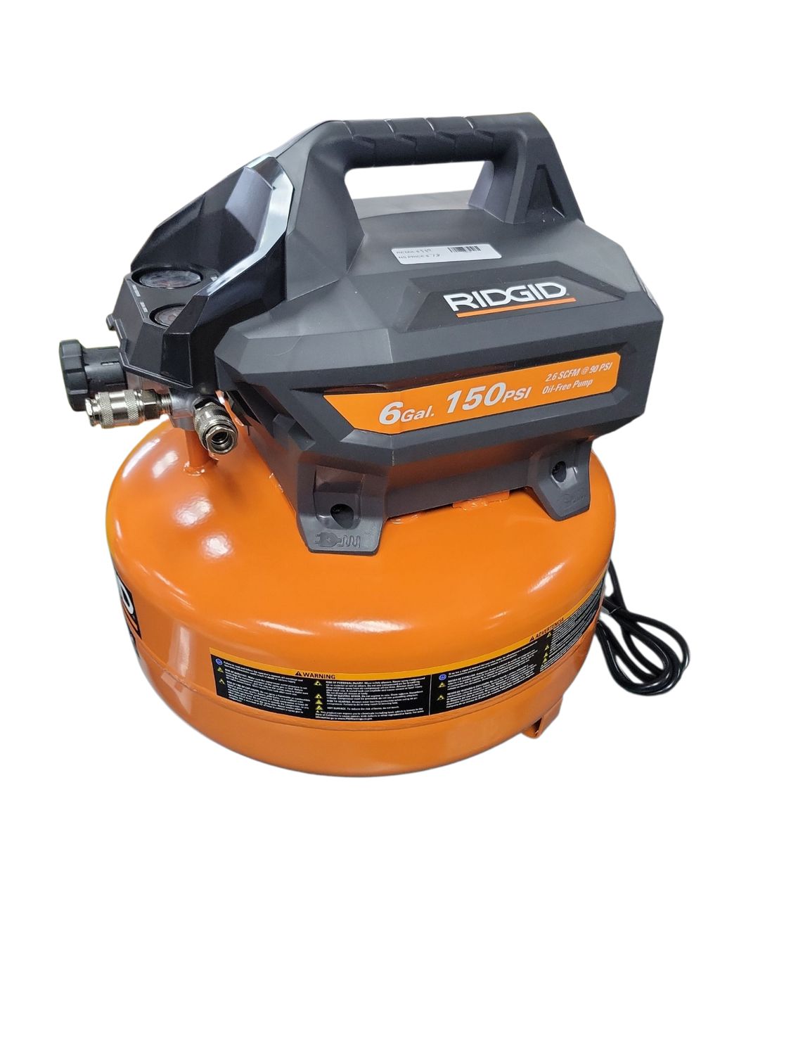 RIDGID 6 Gal. 150 PSI Portable Electric Oil-Free Jobsite Pancake Air Compressor with Dual Pressure Gauges and 2-Quick Couplers 02106416