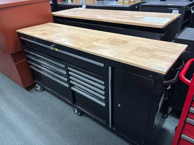 Husky Standard Duty 72 in. W x 20 in. D 10-Drawer Gloss Black Mobile Workbench Cabinet with Solid Wood Top H72MWC10BLK-TL