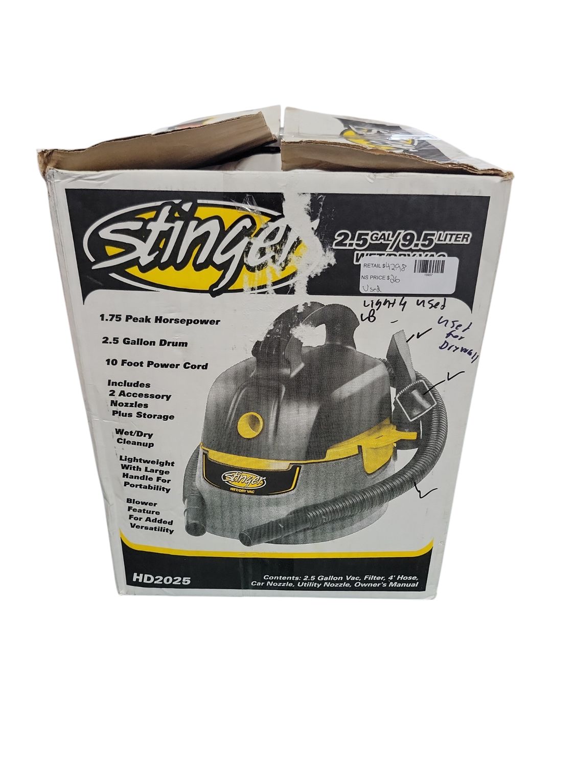 Stinger 2.5 Gal. 1.75 Peak HP Small Shop Vacuum Wet Dry Vac with Filter Bag, Hose, Utility and Car Nozzle Attachments HD2025     .