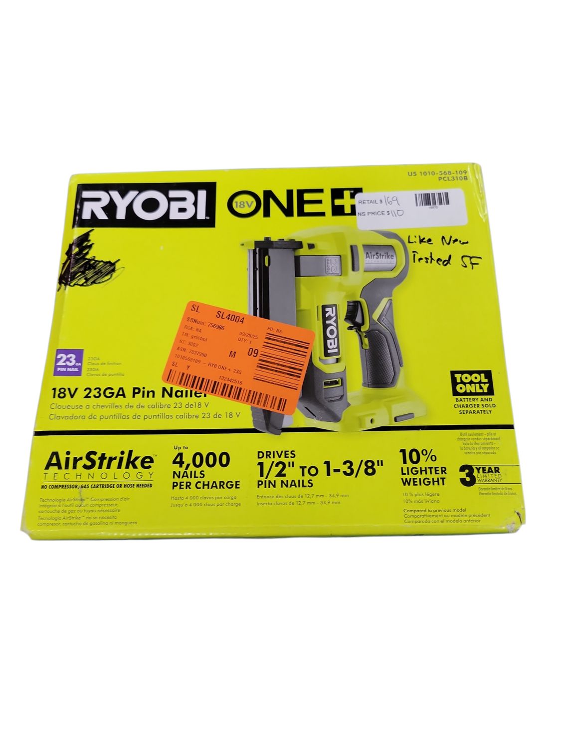 RYOBI ONE+ 18V Cordless Airstrike 23-Gauge Pin Nailer (Tool Only) PCL310B .