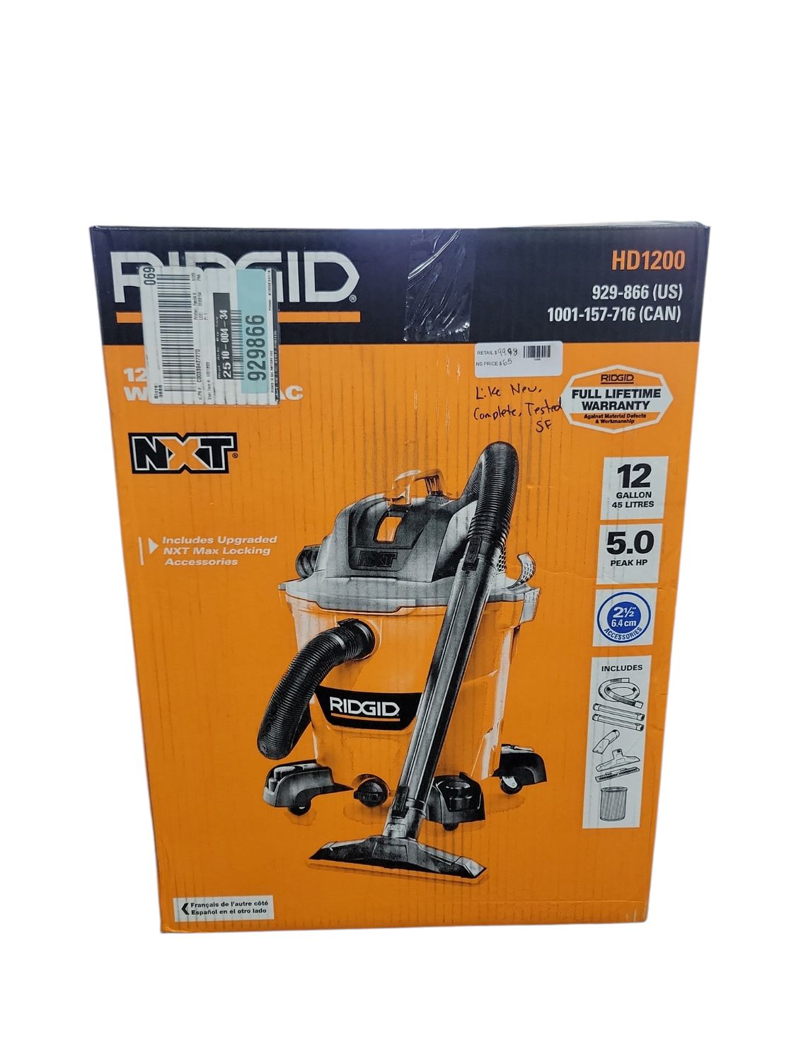 RIDGID 12 Gal. 5.0 Peak HP NXT Shop Vacuum Wet Dry Vac with General Debris Filter, Locking Hose and Attachments HD1200