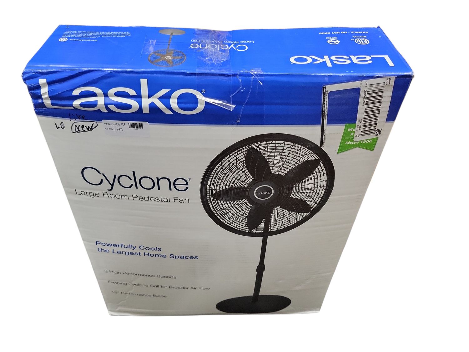 Lasko Cyclone 18 in. 3 Speed Oscillating Pedestal Fan for Home in Black with Adjustable Height, Tilt Back Head, Easy Assembly 1823 .
