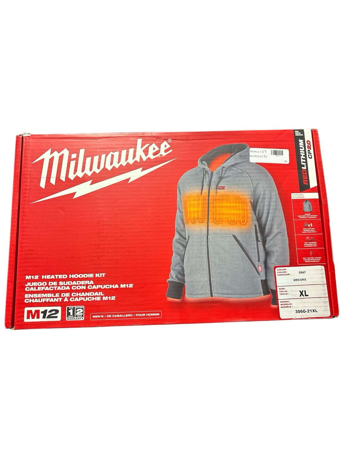 Milwaukee Men&#39;s Extra Large M12 12-Volt Lithium-Ion Cordless Gray Heated Jacket Hoodie Kit with (1) 2.0 Ah Battery and Charger 306G-21XL