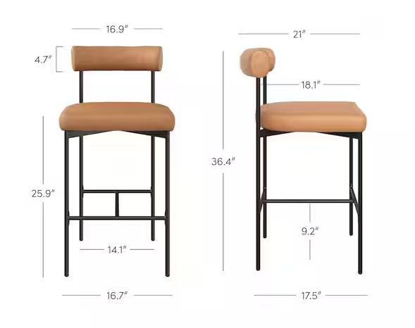 Nathan James Dahlia 26 in. Brown, Black Metal Counter Height Chair, Barstool with Back and Leather Padded Seat and Mid-Century Legs 21604