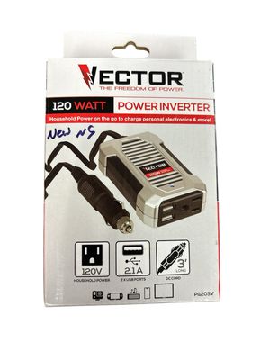 VECTOR 120 Watt Power Inverter, 12V DC, 120V AC, Dual USB Charging Ports PI120SV