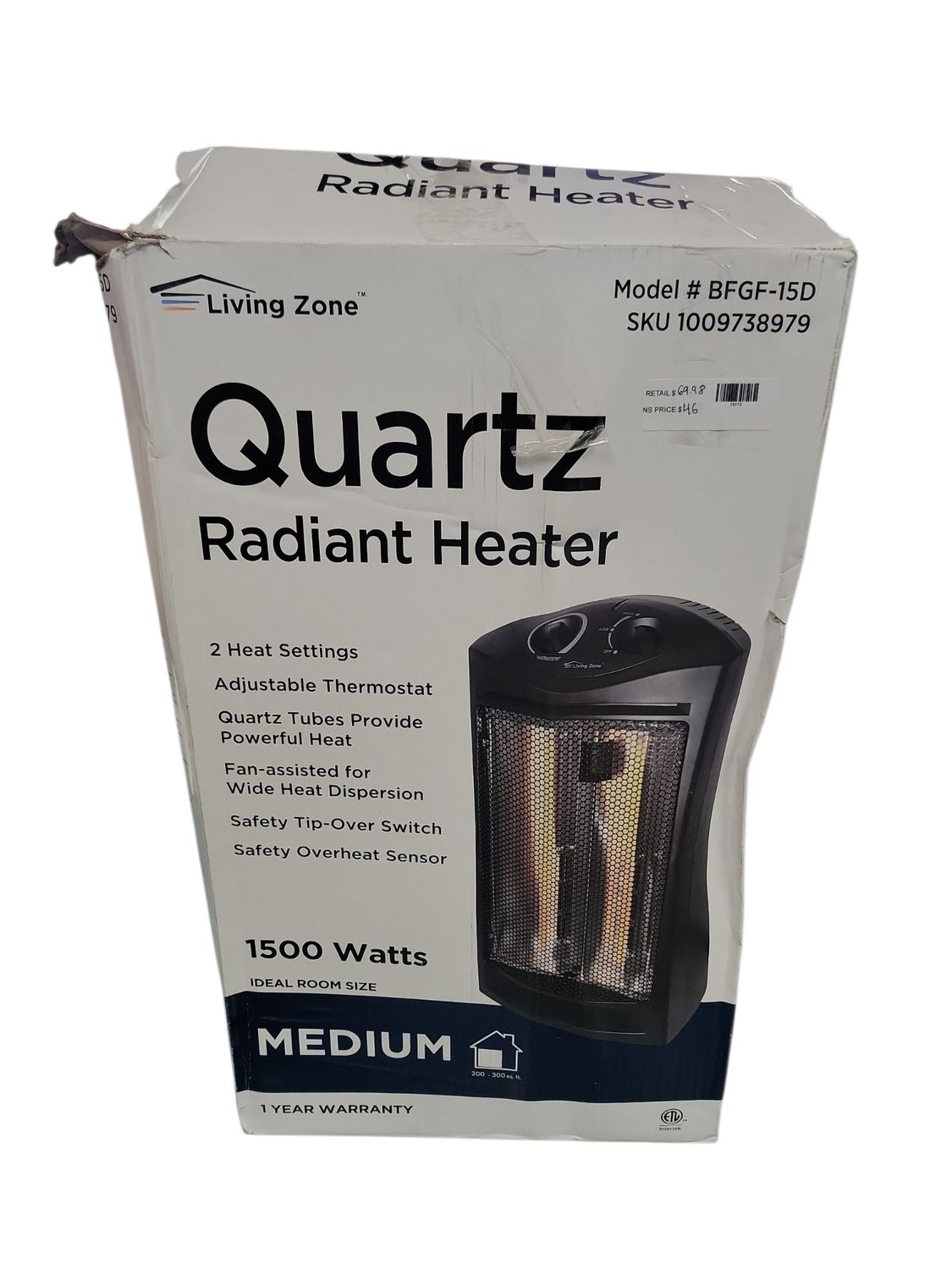 living zone 1500-Watt Black Electric Tower Quartz Infrared Space Heater with Thermostat BFGF-15D   .