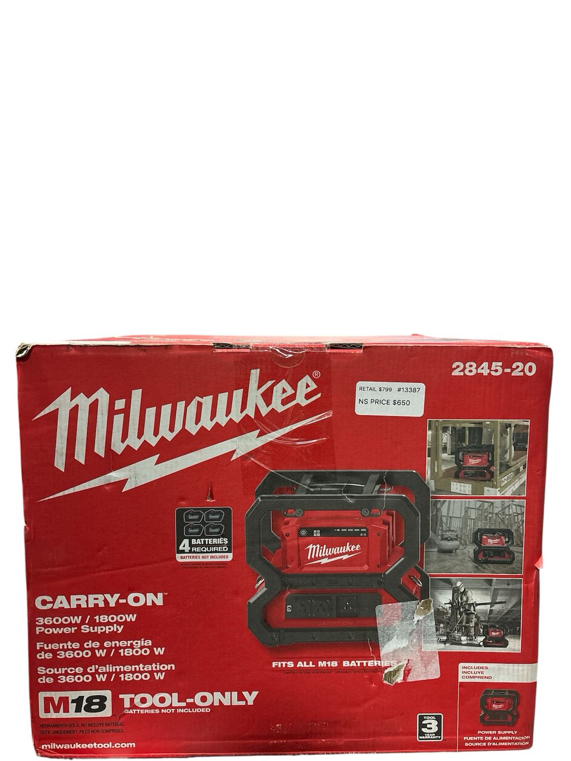 Milwaukee M18 18V Lithium-Ion Cordless 3600-Watt/1800-Watt Battery Powered Power Supply 2845-20