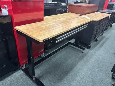 Husky 72 in. W x 24 in. D 2-Drawer Adjustable Height Black Workbench Table with Solid Wood Top HOTL7202B12 .