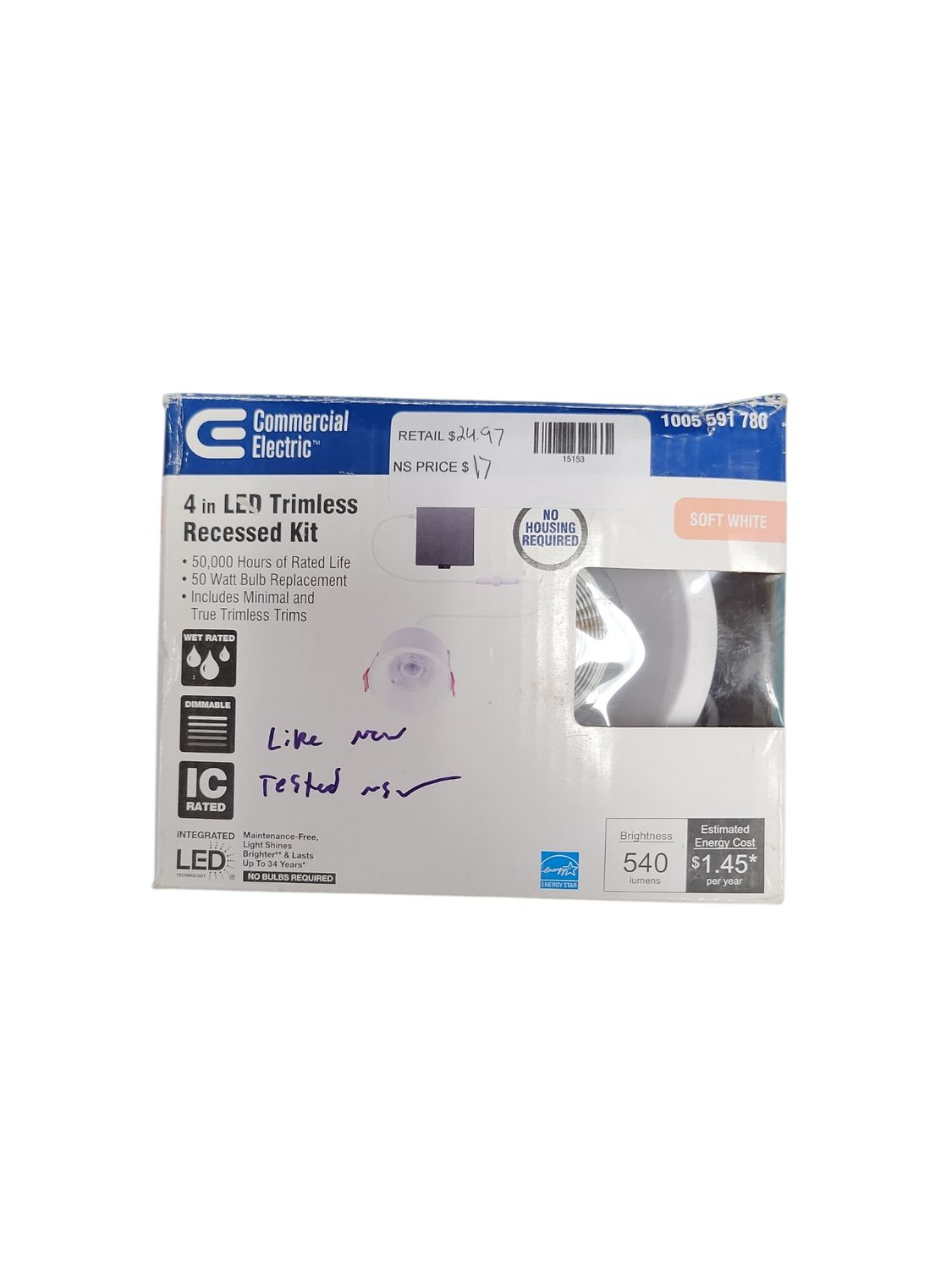 Commercial Electric Trimless Integrated LED 4 in Round Canless Recessed Light for Kitchen Bathroom Livingroom, White Soft White 91582