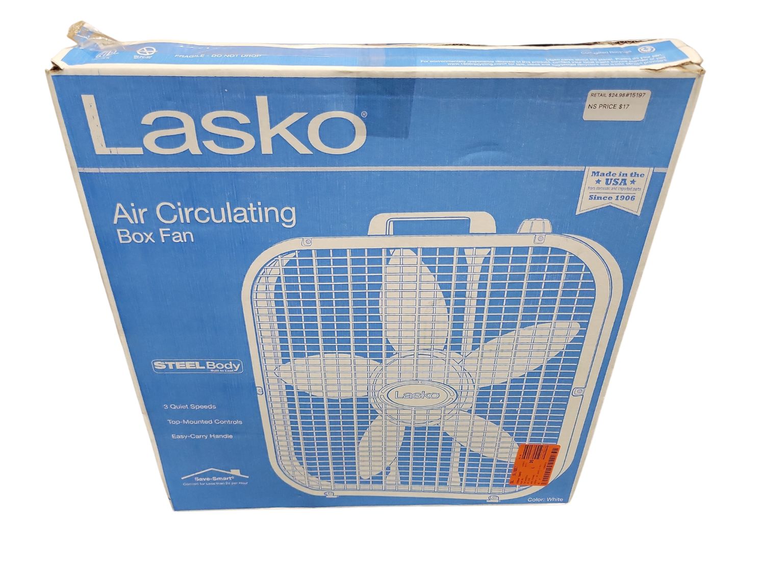Lasko 20 in. 3 Speed Air Circulating Box Fan for Home in White with Save Smart Technology, 1820 CFM and Carry Handle B20201   .