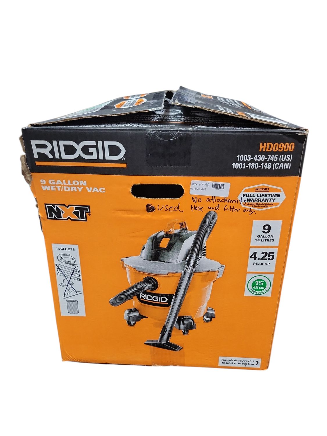 RIDGID 9 Gal. 4.25 Peak HP NXT Shop Vacuum Wet Dry Vac with General Debris Filter, Locking Hose and Attachments HD09001