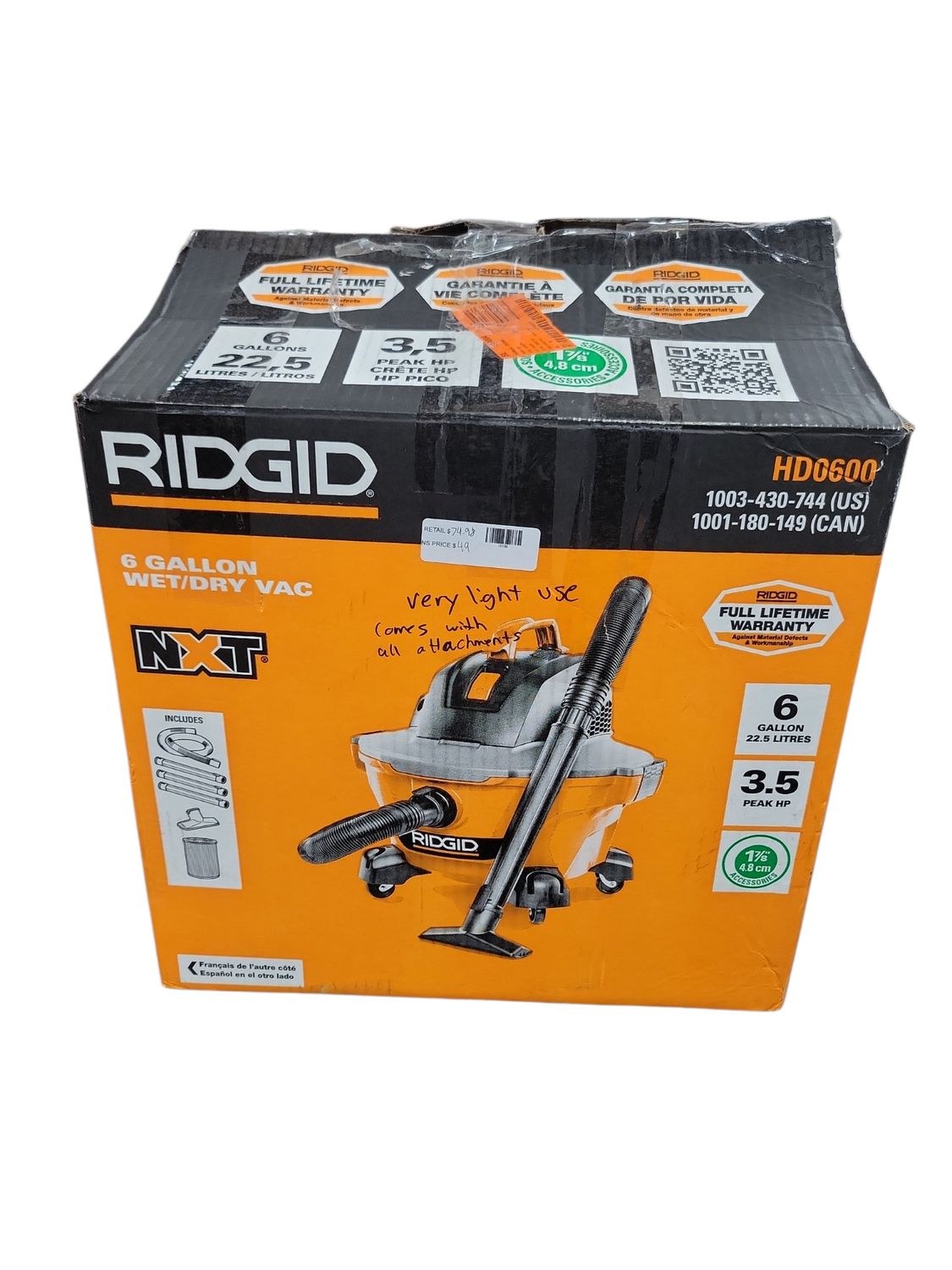 RIDGID 6 Gal. 3.5 Peak HP NXT Shop Vacuum Wet Dry Vac with General Debris Filter, Locking Hose and Attachments HD06001