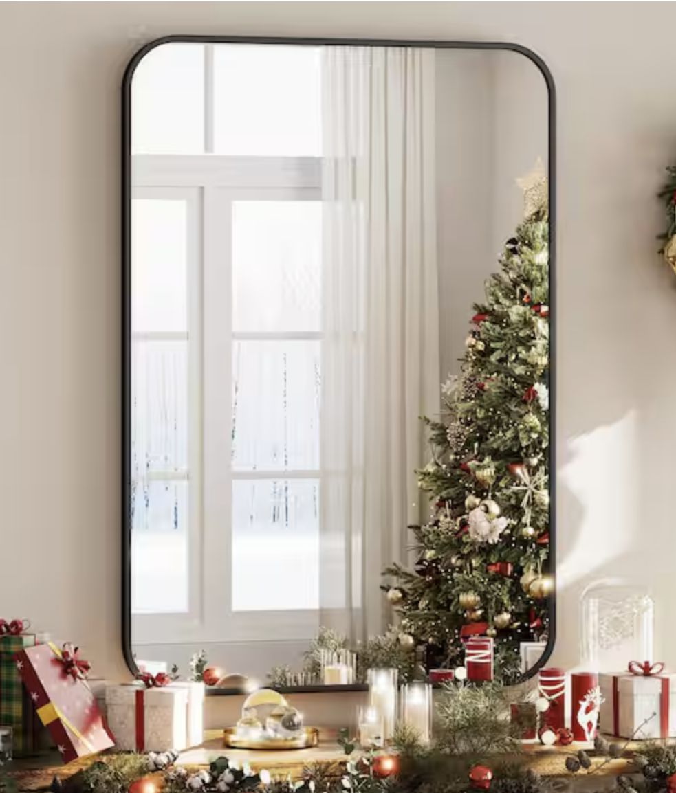 XRAMFY 24 in. W x 36 in. H Rectangular Aluminum Alloy Framed Rounded Black Wall Mirror BRTRC2436-BLACK