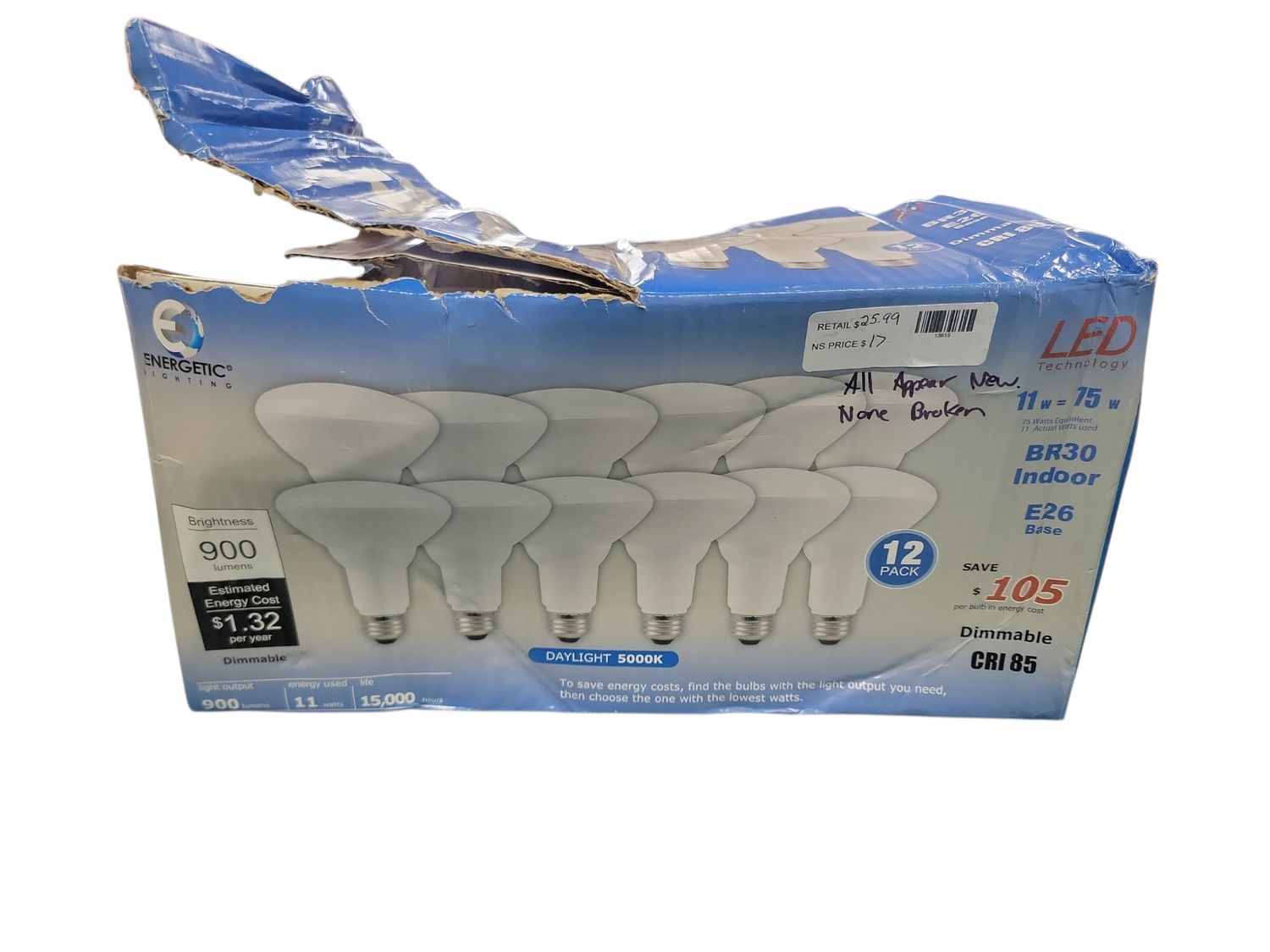 E ENERGETIC LIGHTING 85-Watt Equivalent BR30 Daylight (5000K) Dimmable LED Light Bulb 900 Lumens (12-Pack) YGA08C47-BR30-850-12P