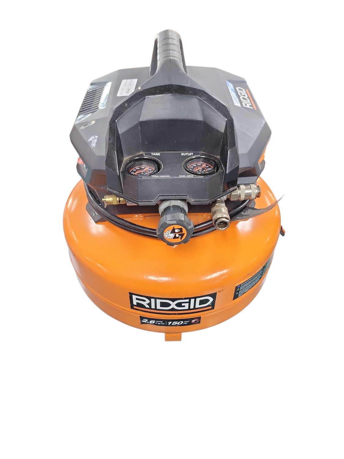 RIDGID 6 Gal. 150 PSI Portable Electric Oil-Free Jobsite Pancake Air Compressor with Dual Pressure Gauges and 2-Quick Couplers 02106416 .